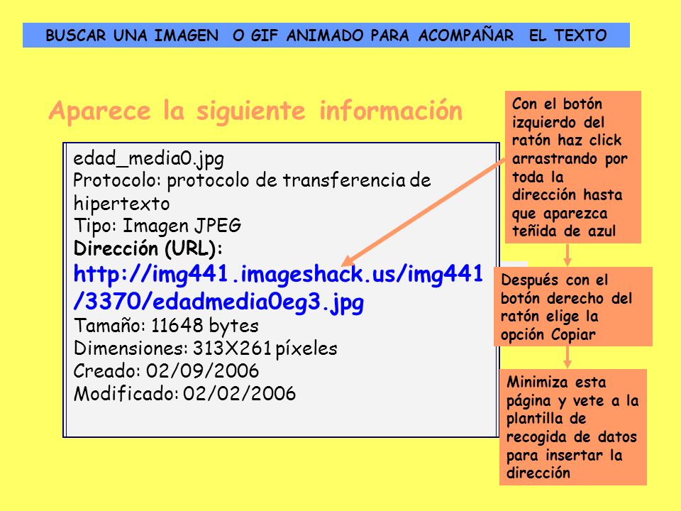 Aparece la siguiente información Dirección (URL):   edad_media0.jpg Protocolo: protocolo de transferencia de hipertexto Tipo: Imagen JPEG Dirección (URL):   /3370/edadmedia0eg3.jpg Tamaño: bytes Dimensiones: 313X261 píxeles Creado: 02/09/2006 Modificado: 02/02/2006 Con el botón izquierdo del ratón haz click arrastrando por toda la dirección hasta que aparezca teñida de azul Después con el botón derecho del ratón elige la opción Copiar Minimiza esta página y vete a la plantilla de recogida de datos para insertar la dirección BUSCAR UNA IMAGEN O GIF ANIMADO PARA ACOMPAÑAR EL TEXTO