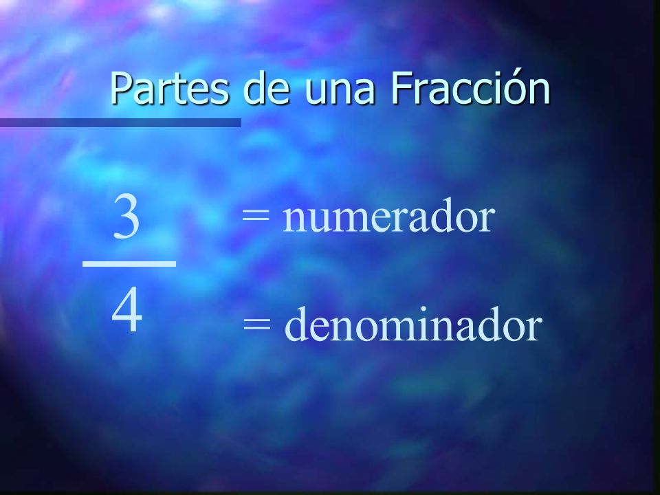 Partes de una Fracción 3 4 = numerador = denominador