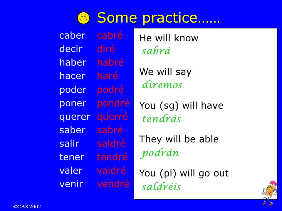 ©CAS 2002 Irregular Verbs in the Future Tense: caber decir haber hacer poder poner querer saber salir tener valer venir to fit to say / tell to have* to do / make to be able to put to want to know (a fact) to go out to have* to be worth to come * Tener means to own or to possess.