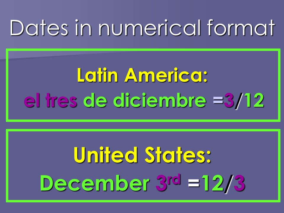 Dates in numerical format Latin America: el tres de diciembre =3/12 el tres de diciembre =3/12 United States: December 3 rd =12/3