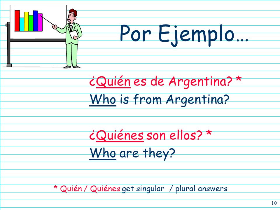 9 ¿Quién / ¿Quiénes 4These mean who. 4Quién is singular. 4Quiénes is plural.