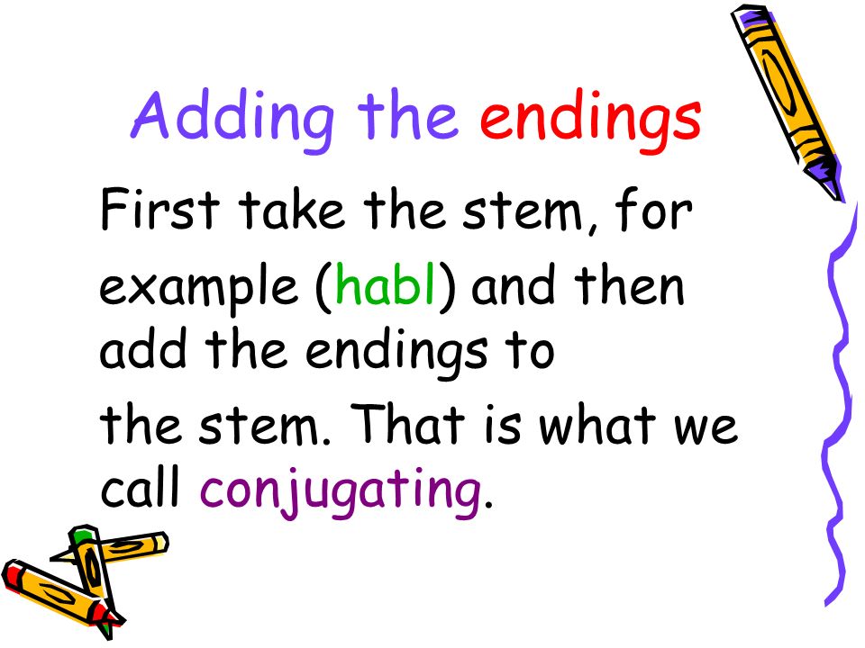 Regular –ar verbs To conjugate hablar or any other regular – ar verb, take the part of the verb called the stem (habl).