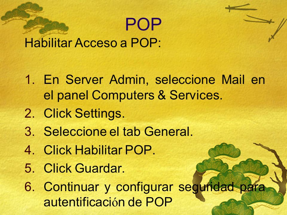 POP Habilitar Acceso a POP: 1.En Server Admin, seleccione Mail en el panel Computers & Services.