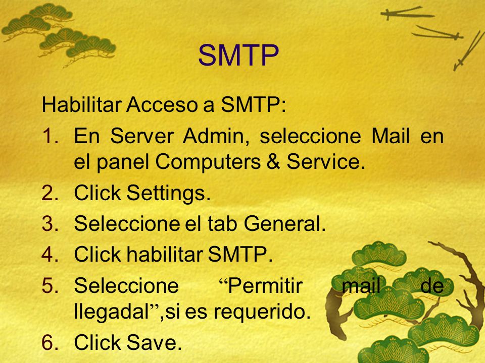 SMTP Habilitar Acceso a SMTP: 1.En Server Admin, seleccione Mail en el panel Computers & Service.