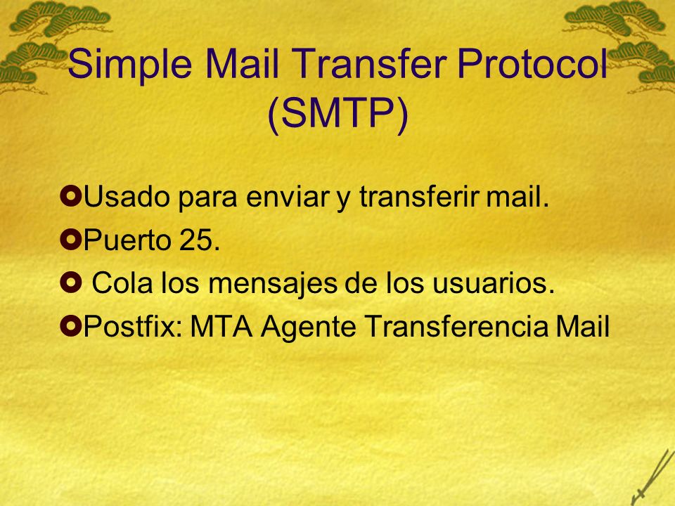 Simple Mail Transfer Protocol (SMTP) Usado para enviar y transferir mail.