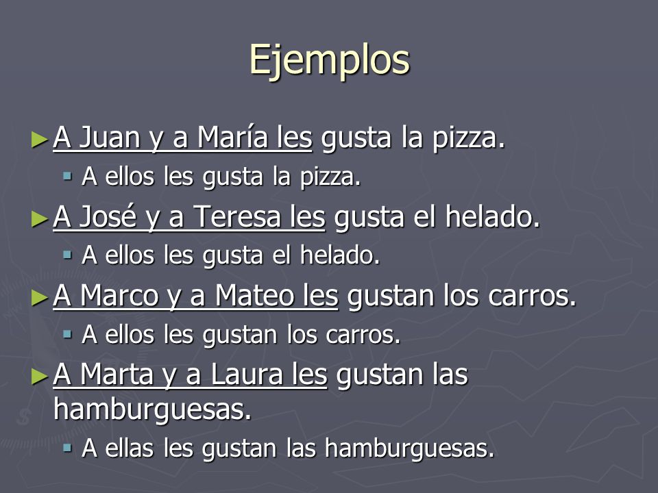Ejemplos A Juan y a María les gusta la pizza. A Juan y a María les gusta la pizza.
