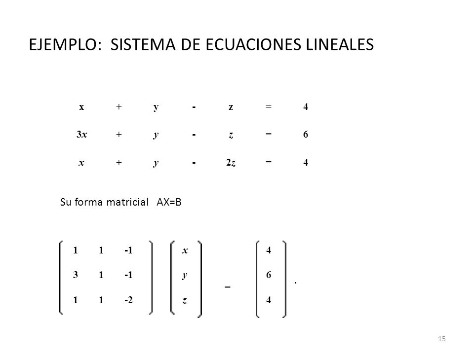 EJEMPLO: SISTEMA DE ECUACIONES LINEALES x+y - z=4 3x3x+y - z=6 x+y - 2z2z= x = 4.