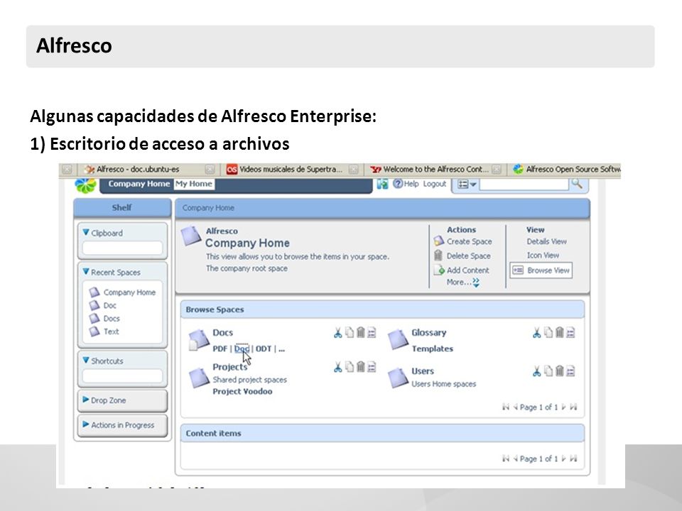 Alfresco Algunas capacidades de Alfresco Enterprise: 1) Escritorio de acceso a archivos