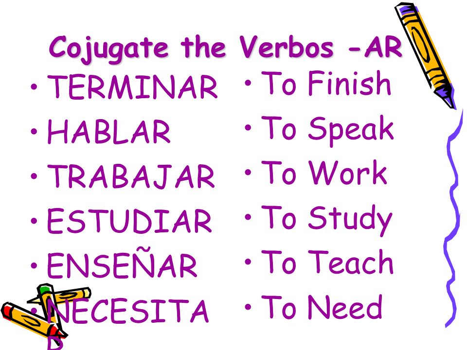 Cojugate the Verbos -AR TERMINAR HABLAR TRABAJAR ESTUDIAR ENSEÑAR NECESITA R To Finish To Speak To Work To Study To Teach To Need