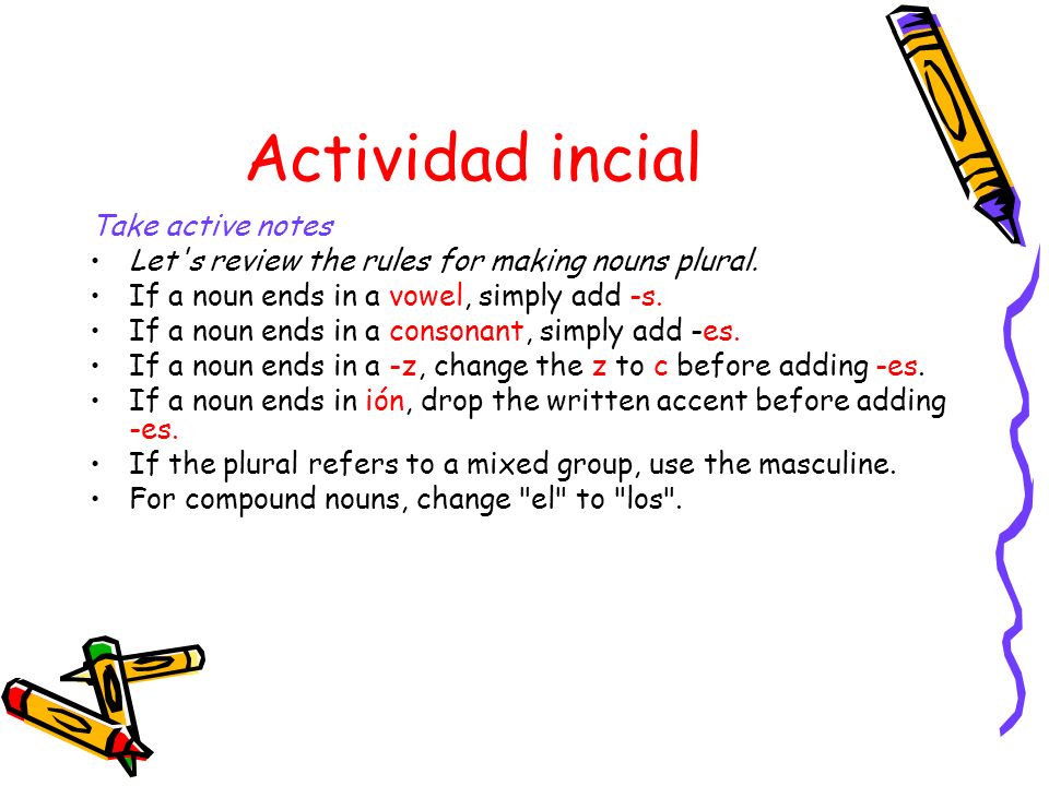 Actividad incial Take active notes Let s review the rules for making nouns plural.