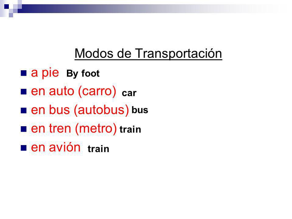 Modos de Transportación a pie en auto (carro) en bus (autobus) en tren (metro) en avión By foot car bus train