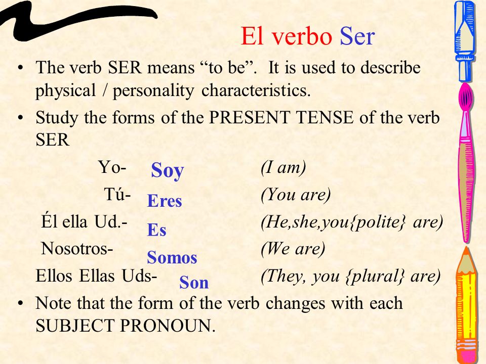 El verbo Ser The verb SER means to be.