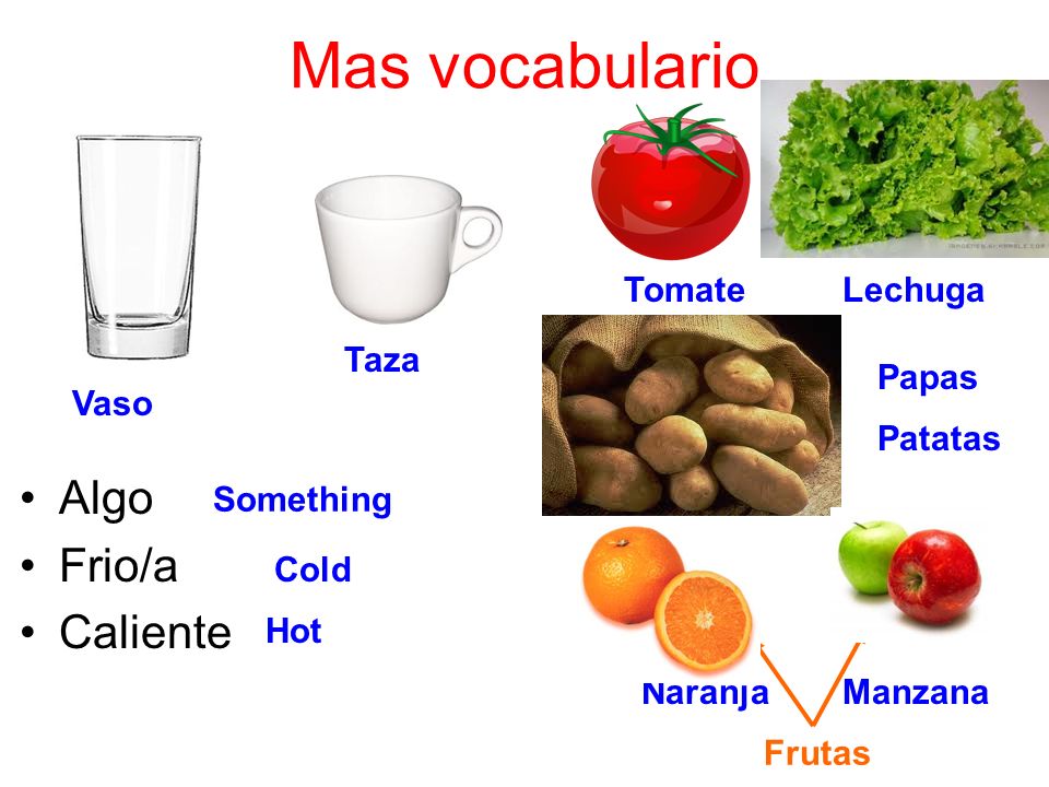 Mas vocabulario Algo Frio/a Caliente Something Vaso Taza Cold Hot Tomate Lechuga Papas Patatas Naranja Manzana Frutas