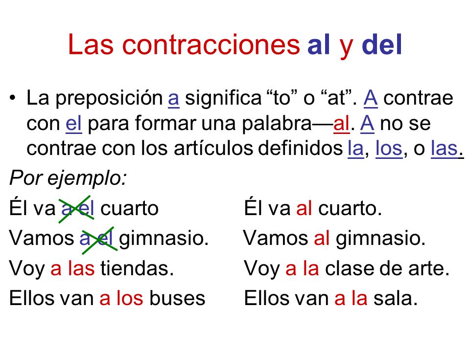 Las contracciones al y del La preposición a significa to o at.