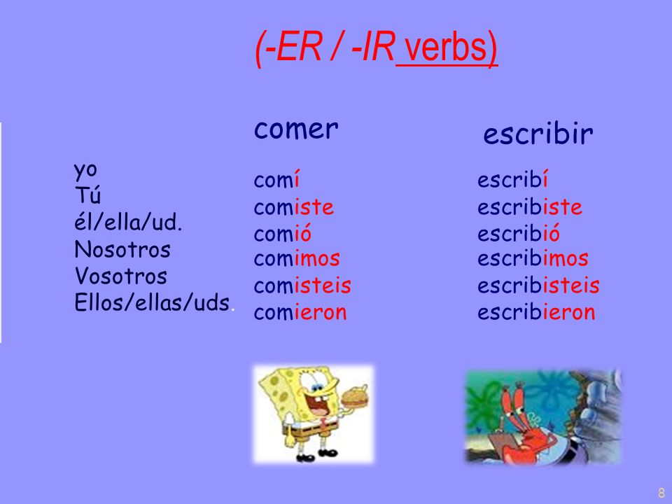 7 Preterit endings for –ER and -IR verbs are the same and they are: yo -í tú -iste él/ella/ud.