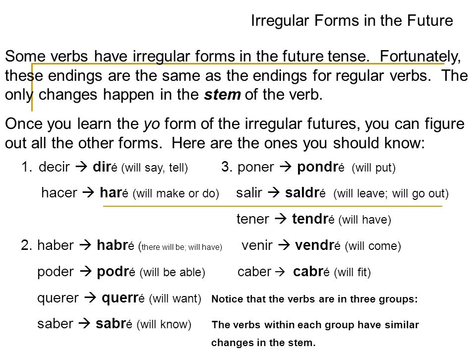 Irregular Forms in the Future Some verbs have irregular forms in the future tense.