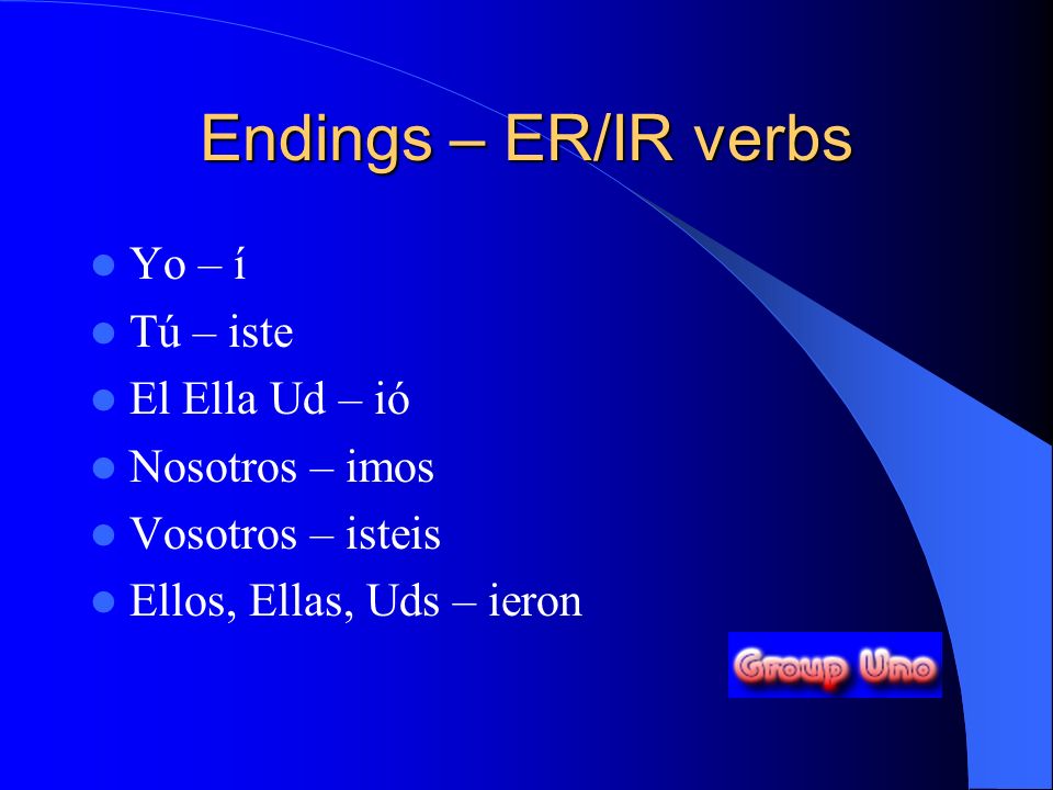 Endings – ER/IR verbs Yo – í Tú – iste El Ella Ud – ió Nosotros – imos Vosotros – isteis Ellos, Ellas, Uds – ieron