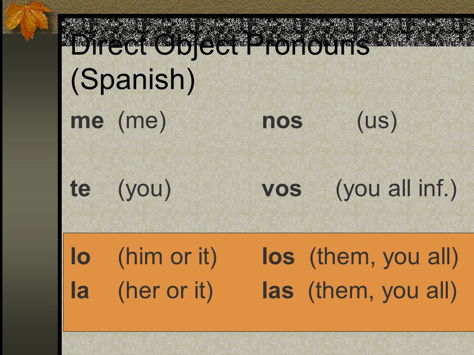 Direct Object Pronouns (English) me you him, her, it us them