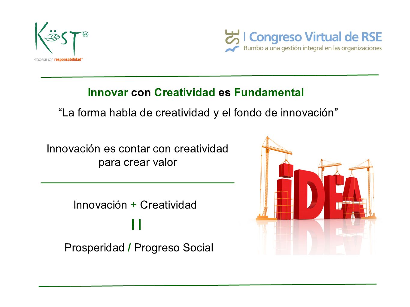 Innovar con Creatividad es Fundamental Innovación es contar con creatividad para crear valor Innovación + Creatividad Prosperidad / Progreso Social La forma habla de creatividad y el fondo de innovación