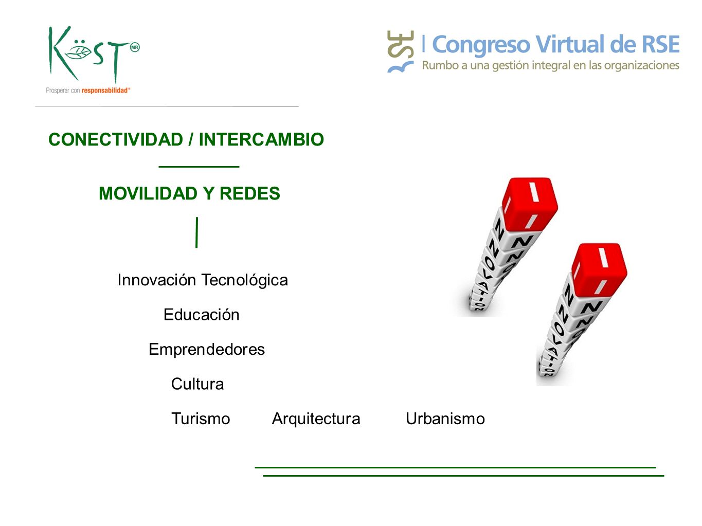 CONECTIVIDAD / INTERCAMBIO MOVILIDAD Y REDES Innovación Tecnológica Educación Emprendedores Cultura TurismoArquitecturaUrbanismo