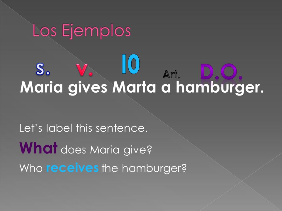 Maria gives Marta a hamburger. Lets label this sentence.