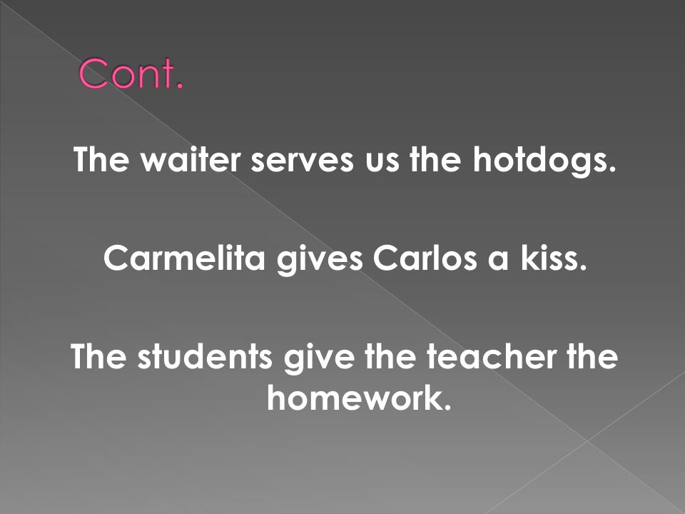 The waiter serves us the hotdogs. Carmelita gives Carlos a kiss.