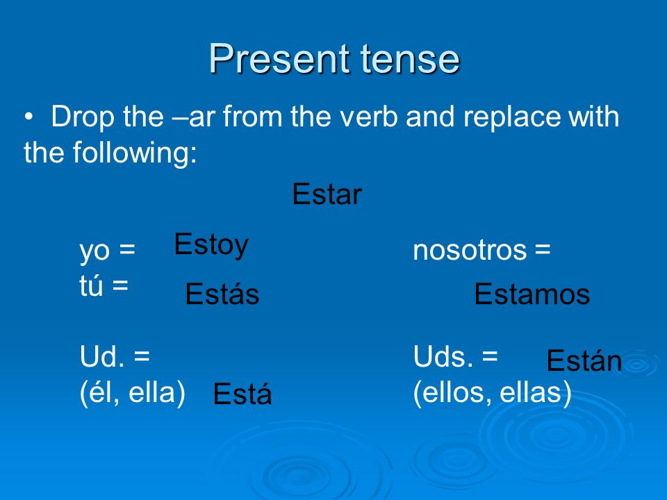 Present tense Drop the –ar from the verb and replace with the following: yo =nosotros = tú = Ud.