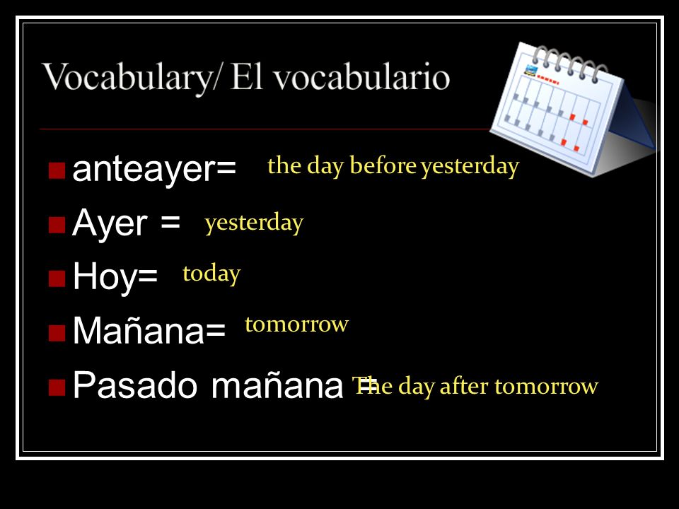 anteayer= Ayer = Hoy= Mañana= Pasado mañana = the day before yesterday yesterday today tomorrow The day after tomorrow