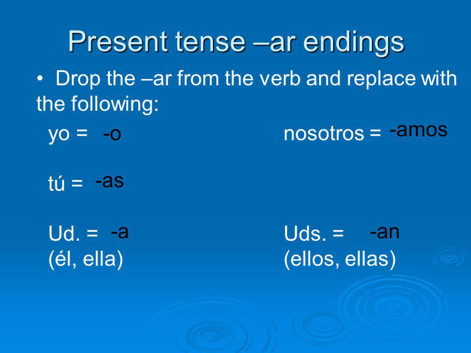 Present tense –ar endings Drop the –ar from the verb and replace with the following: yo =nosotros = tú = Ud.