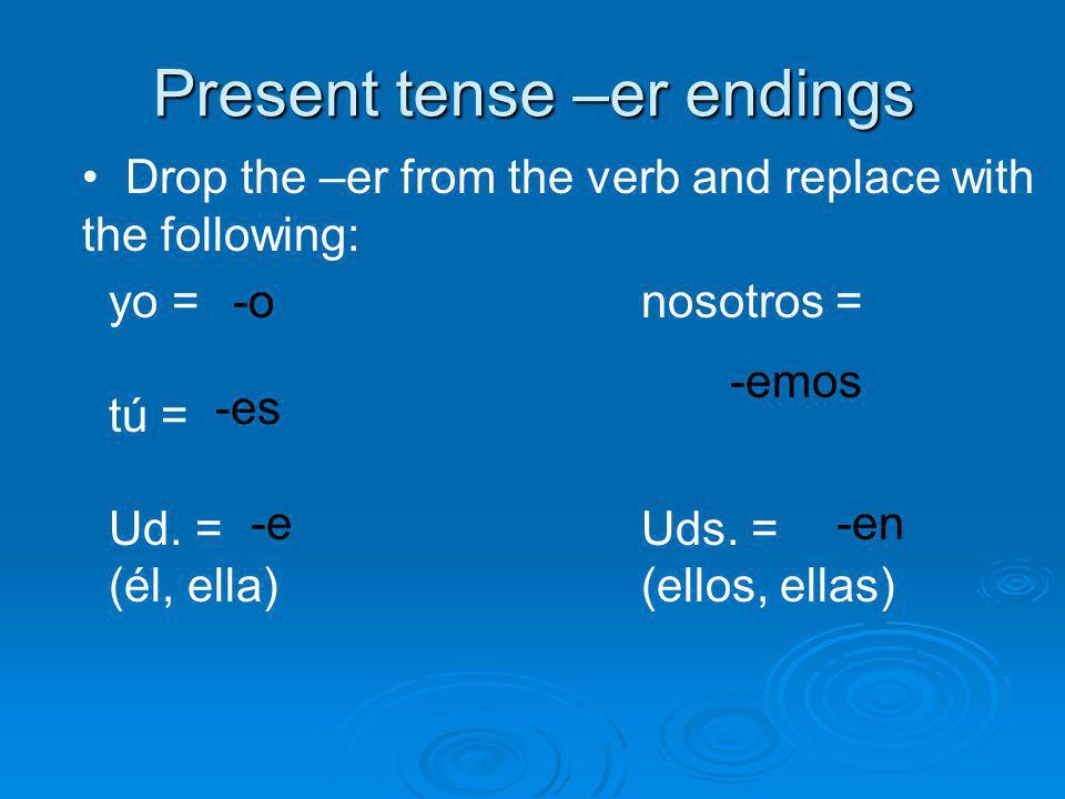 Present tense –er endings Drop the –er from the verb and replace with the following: yo =nosotros = tú = Ud.