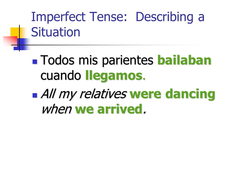 Imperfect Tense: Describing a Situation In these cases, the imperfect tense is used to tell what someone was doing when something happened (preterite.)