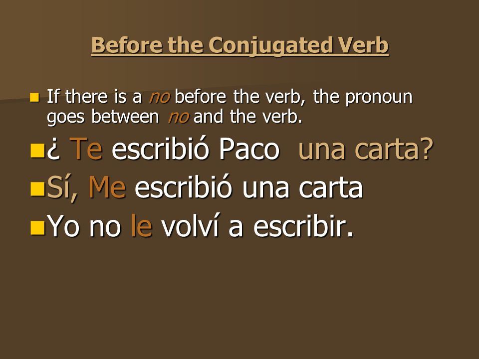 Before the Conjugated Verb Remember that when the D.O.