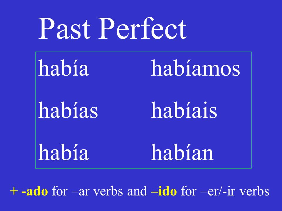 Past Perfect había habíamos habías habíais habíahabían + -ado for –ar verbs and –ido for –er/-ir verbs