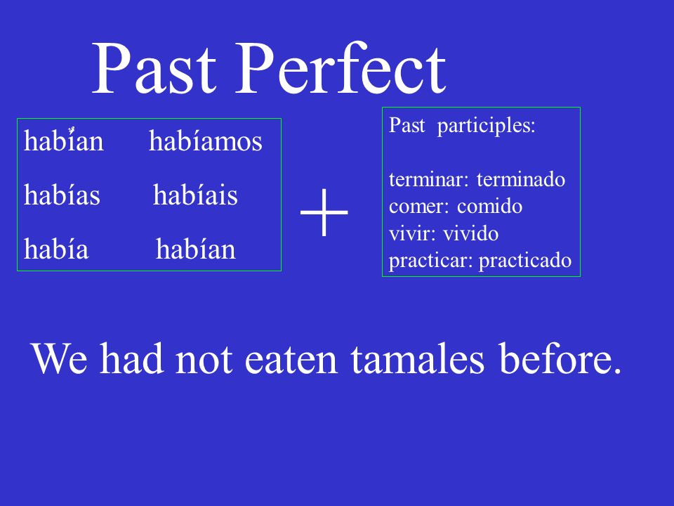 Past Perfect habٌían habíamos habías habíais había habían We had not eaten tamales before.