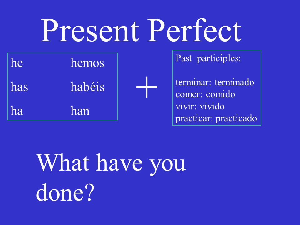 Present Perfect he hemos has habéis hahan Past participles: terminar: terminado comer: comido vivir: vivido practicar: practicado + What have you done