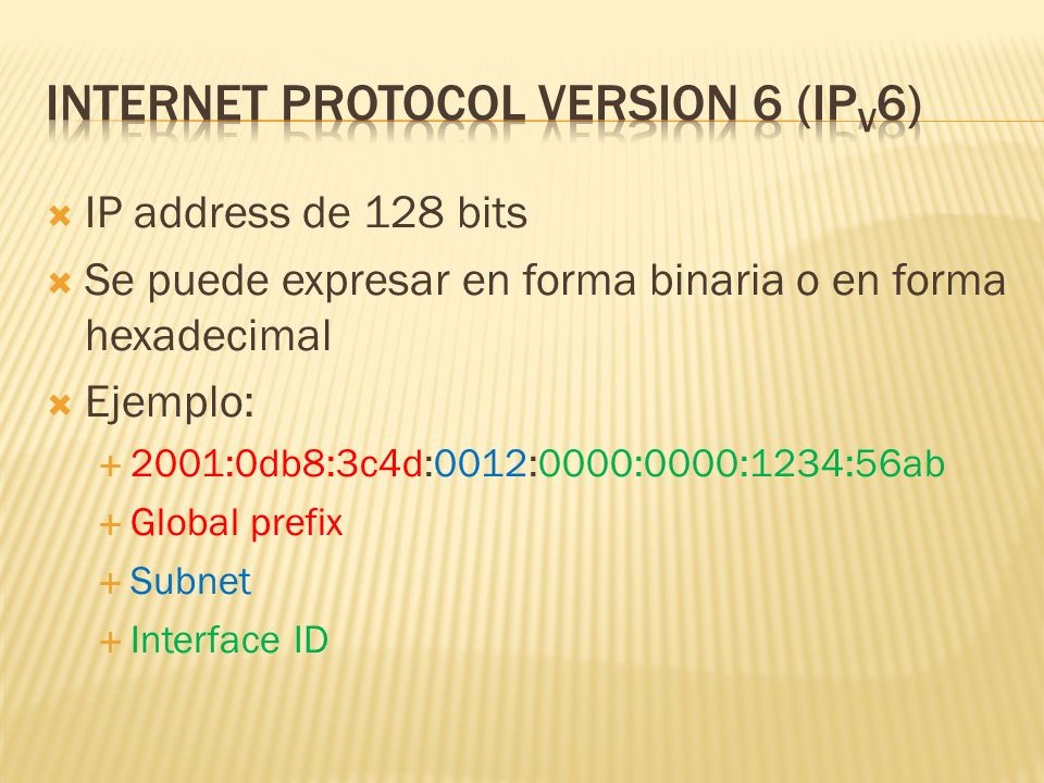 IP address de 128 bits Se puede expresar en forma binaria o en forma hexadecimal Ejemplo: 2001:0db8:3c4d:0012:0000:0000:1234:56ab Global prefix Subnet Interface ID