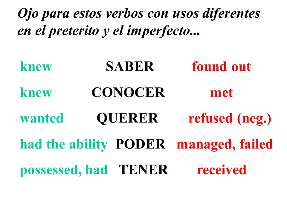 Ojo para estos verbos con usos diferentes en el preterito y el imperfecto...