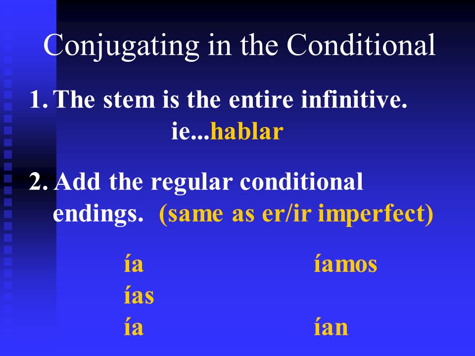 Conjugating in the Conditional 1.The stem is the entire infinitive.
