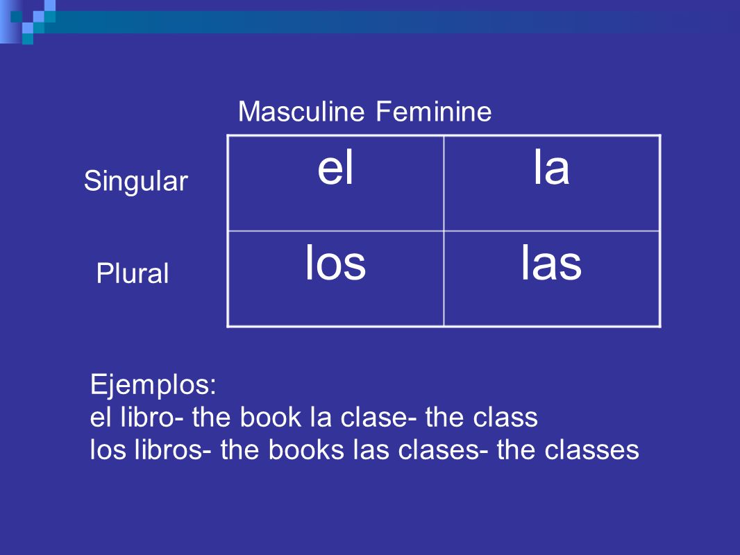 Masculine Feminine laslos lael Singular Plural Ejemplos: el libro- the book la clase- the class los libros- the books las clases- the classes