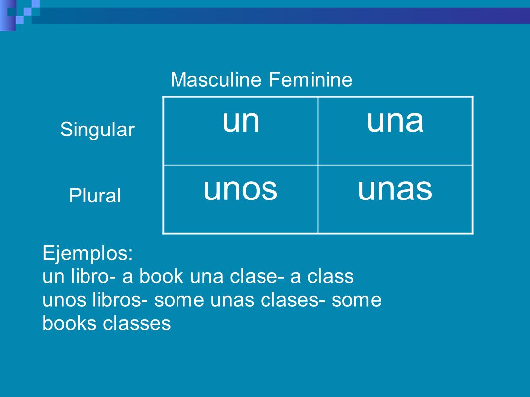 Masculine Feminine unasunos unaun Singular Plural Ejemplos: un libro- a book una clase- a class unos libros- some unas clases- some books classes