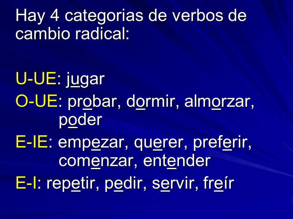 Hay 4 categorias de verbos de cambio radical: U-UE: jugar O-UE: probar, dormir, almorzar, poder E-IE: empezar, querer, preferir, comenzar, entender E-I: repetir, pedir, servir, freír