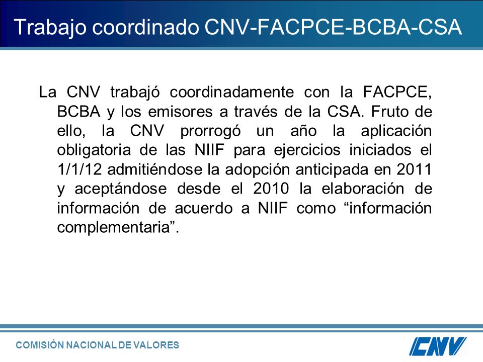 COMISIÓN NACIONAL DE VALORES Trabajo coordinado CNV-FACPCE-BCBA-CSA La CNV trabajó coordinadamente con la FACPCE, BCBA y los emisores a través de la CSA.