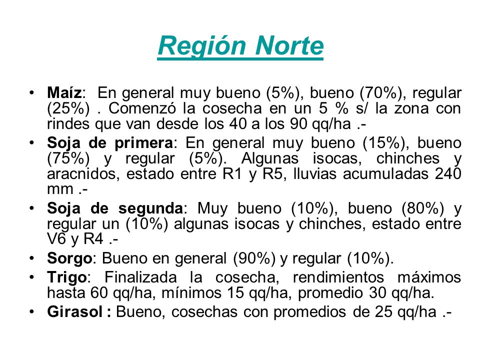 Región Norte Maíz: En general muy bueno (5%), bueno (70%), regular (25%).