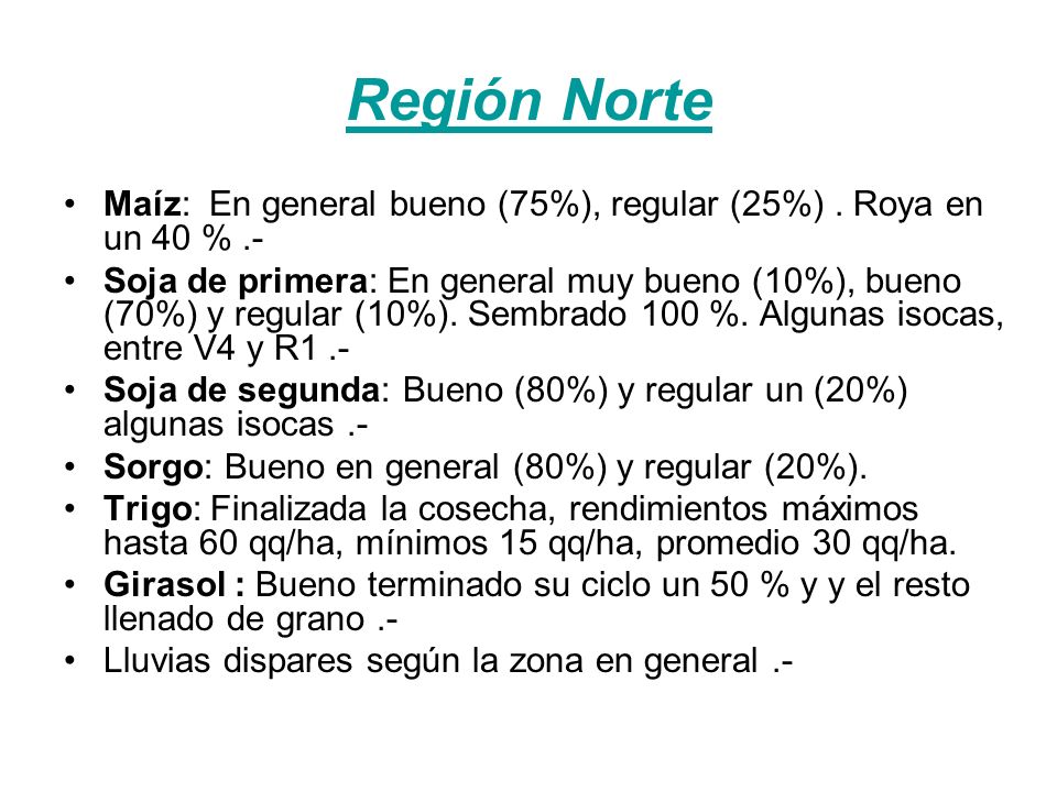 Región Norte Maíz: En general bueno (75%), regular (25%).