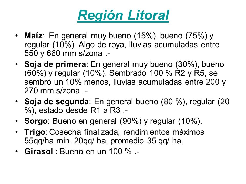 Región Litoral Maíz: En general muy bueno (15%), bueno (75%) y regular (10%).