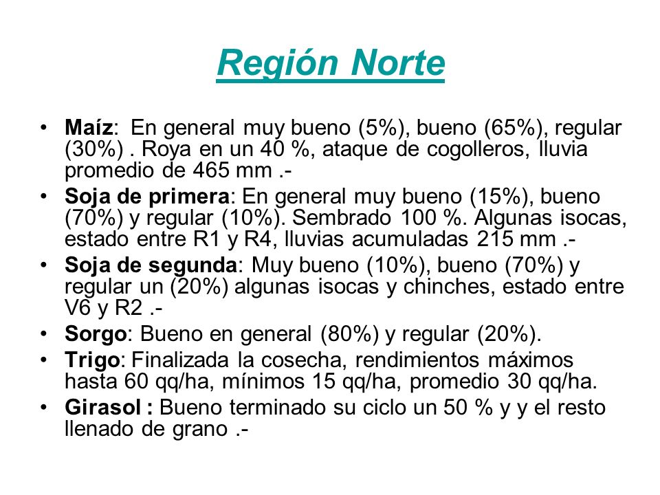 Región Norte Maíz: En general muy bueno (5%), bueno (65%), regular (30%).