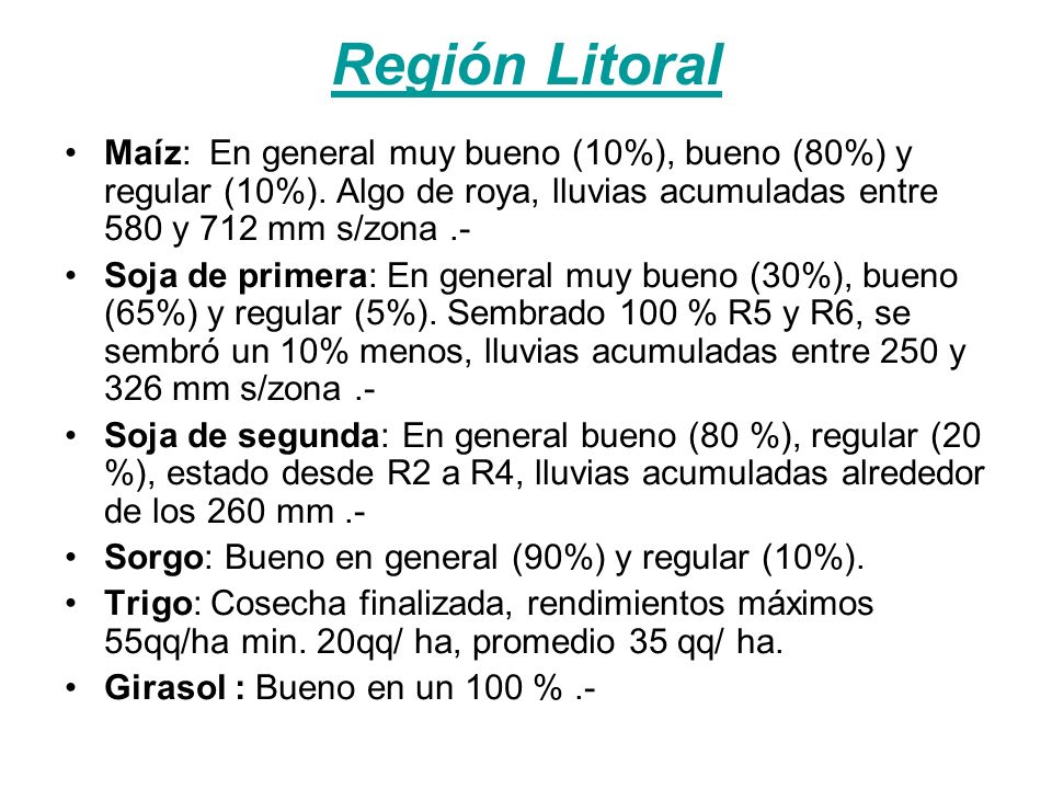 Región Litoral Maíz: En general muy bueno (10%), bueno (80%) y regular (10%).