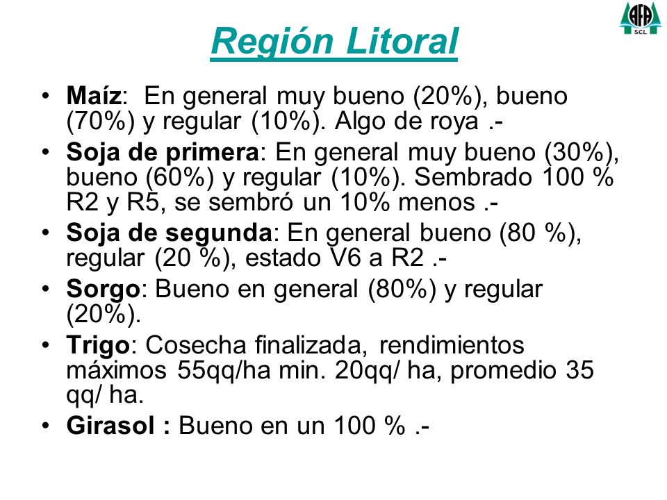 Región Litoral Maíz: En general muy bueno (20%), bueno (70%) y regular (10%).