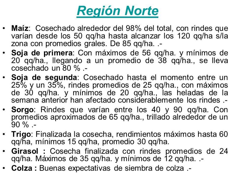 Región Norte Maíz: Cosechado alrededor del 98% del total, con rindes que varían desde los 50 qq/ha hasta alcanzar los 120 qq/ha s/la zona con promedios grales.