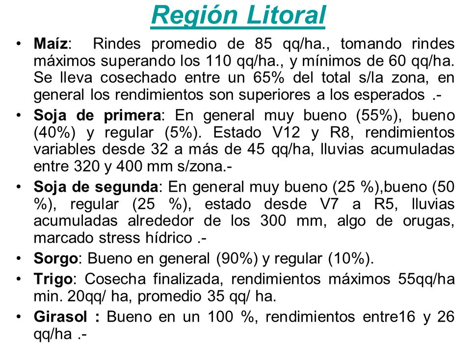 Región Litoral Maíz: Rindes promedio de 85 qq/ha., tomando rindes máximos superando los 110 qq/ha., y mínimos de 60 qq/ha.